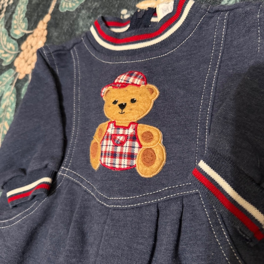 Vintage Baby Boy 3-6 Teddy Bear Plaid Applique Navy Romper Long Sleeve outfit - Picture 6 of 7